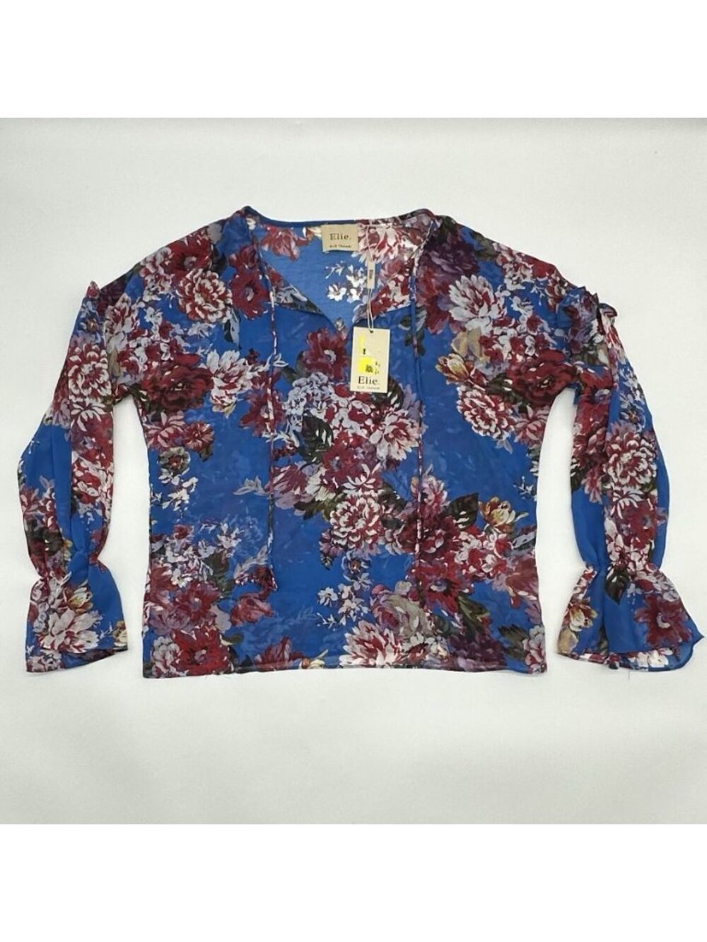 Elie Tahari Size XS Spring Blossom Print Sheer Chiffon Long Sleeve Blouse NWT
